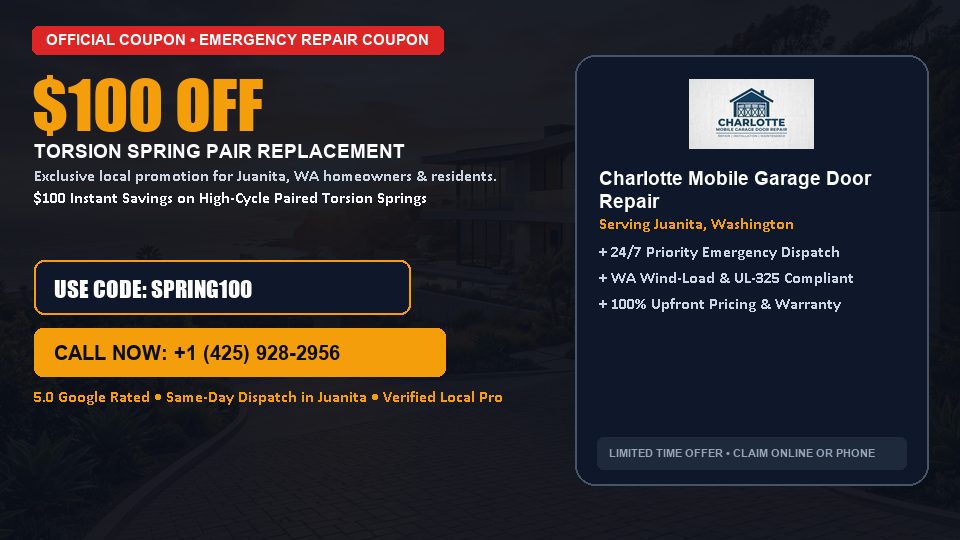 $100 OFF Dual High-Cycle Torsion Spring Replacement in Juanita, WA - Charlotte Mobile Garage Door Repair