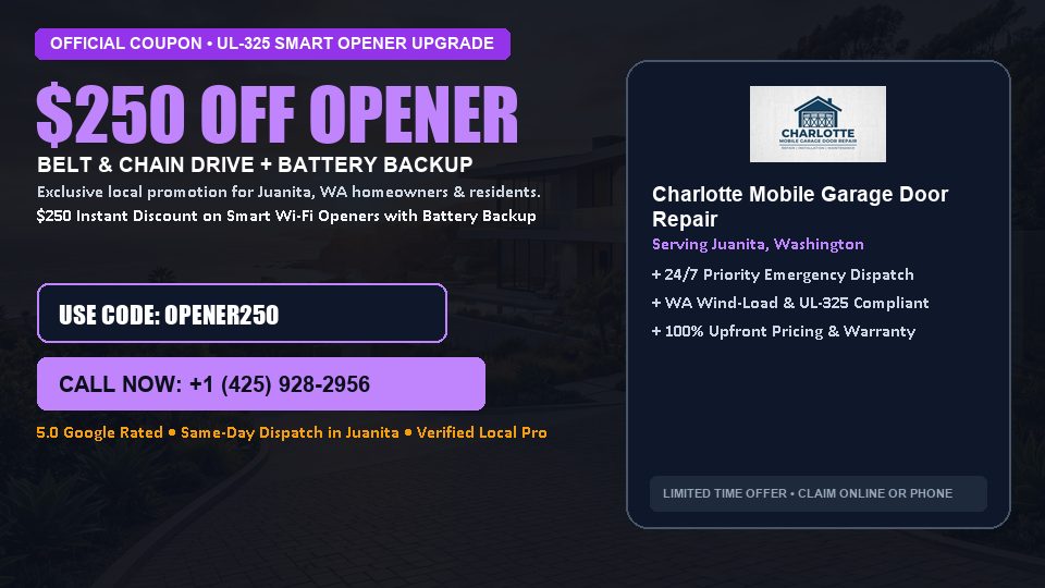 $250 OFF Smart Wi-Fi Garage Door Opener Installation in Juanita, WA - Charlotte Mobile Garage Door Repair