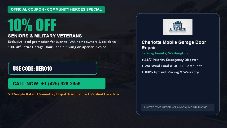 10% OFF Senior, Military & First Responder Discount in Juanita, WA - Charlotte Mobile Garage Door Repair